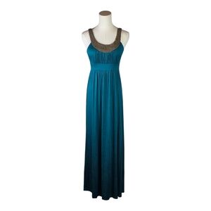 Soprano Teal Maxi Dress Beaded Scoop Neck Sleeveless Empire Waist Size S